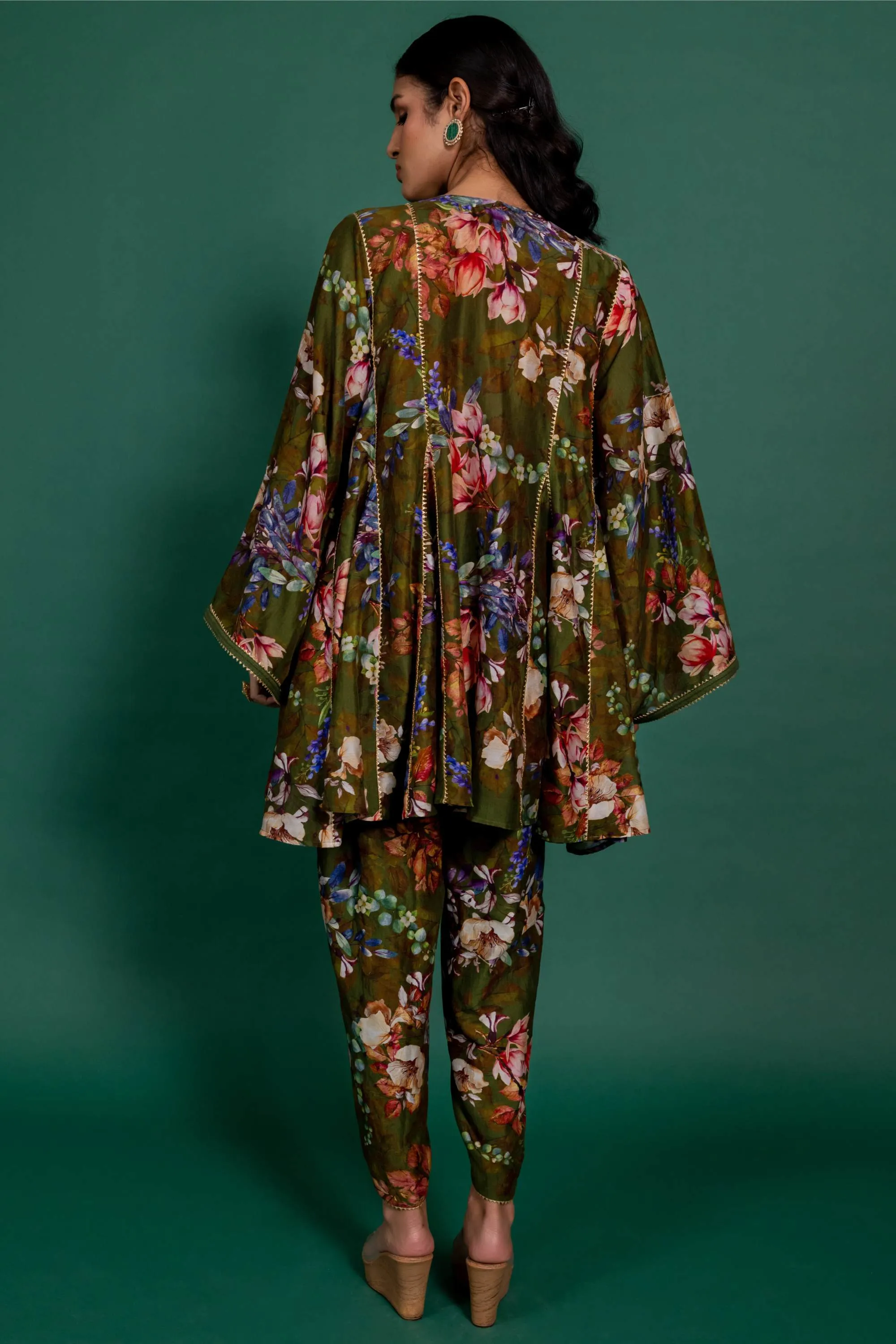 Olive green printed tunic with pants