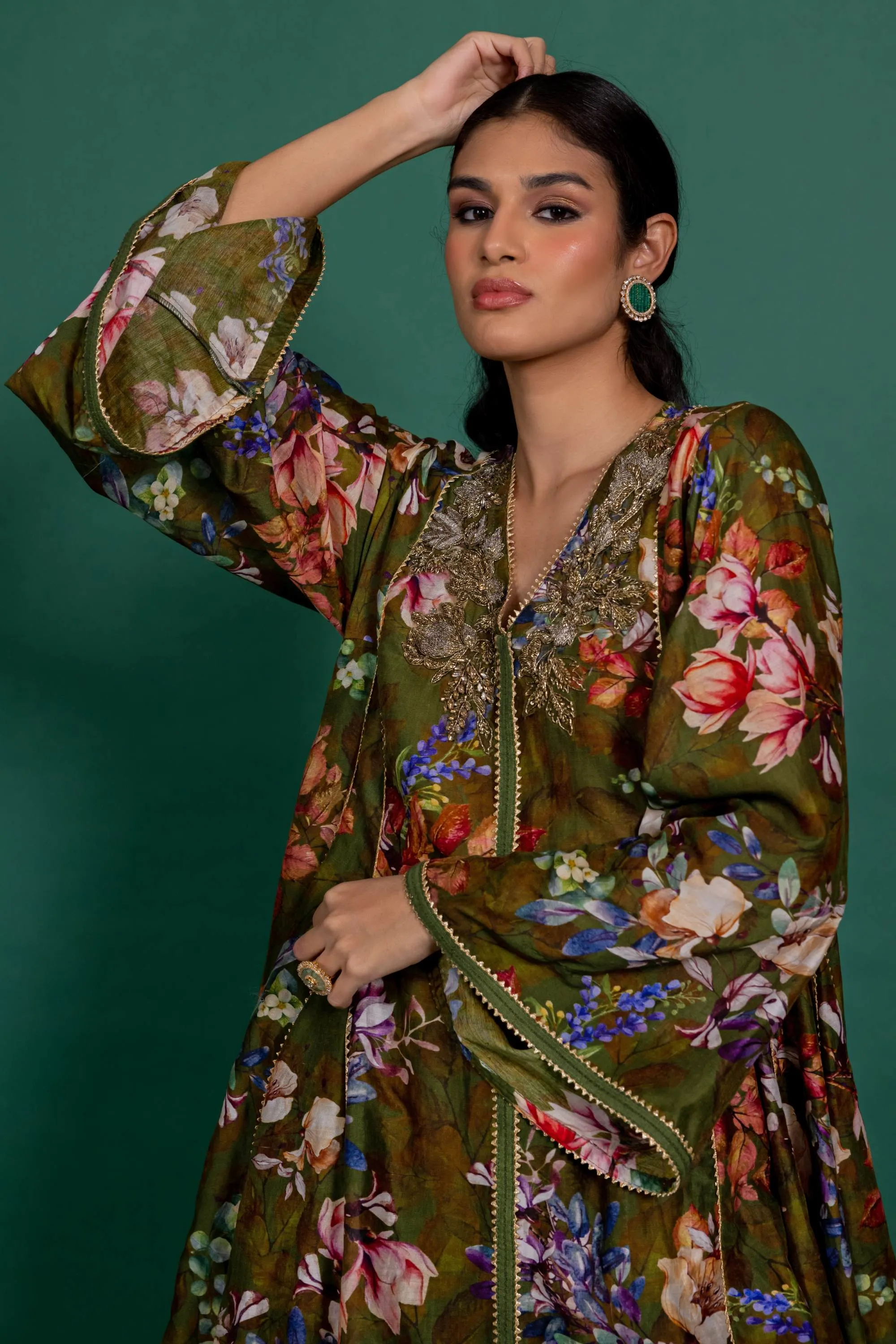 Olive green printed tunic with pants