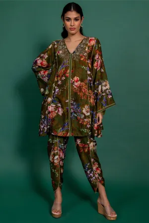 Olive green printed tunic with pants