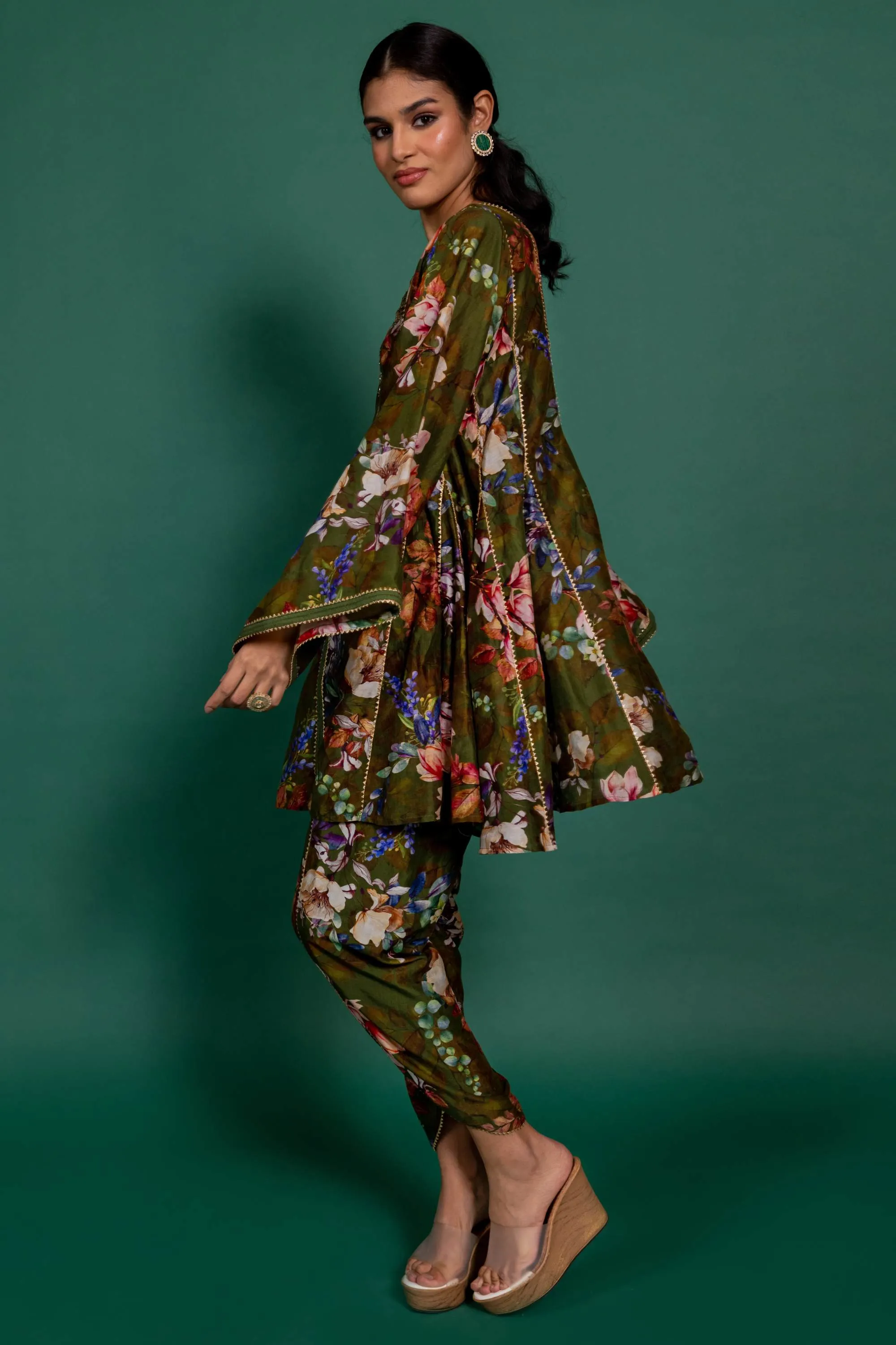 Olive green printed tunic with pants