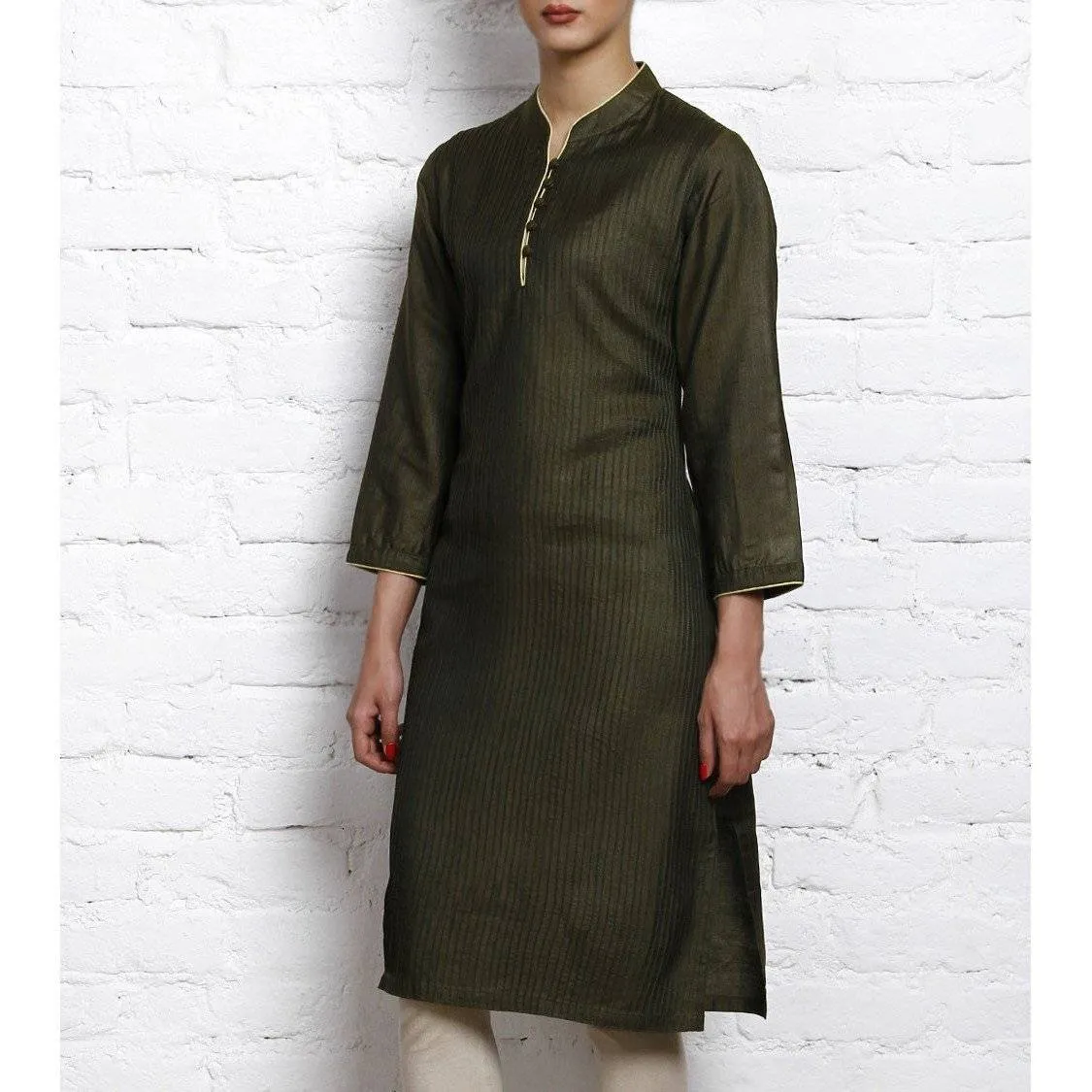 Olive Tussar Silk Cotton Kurta