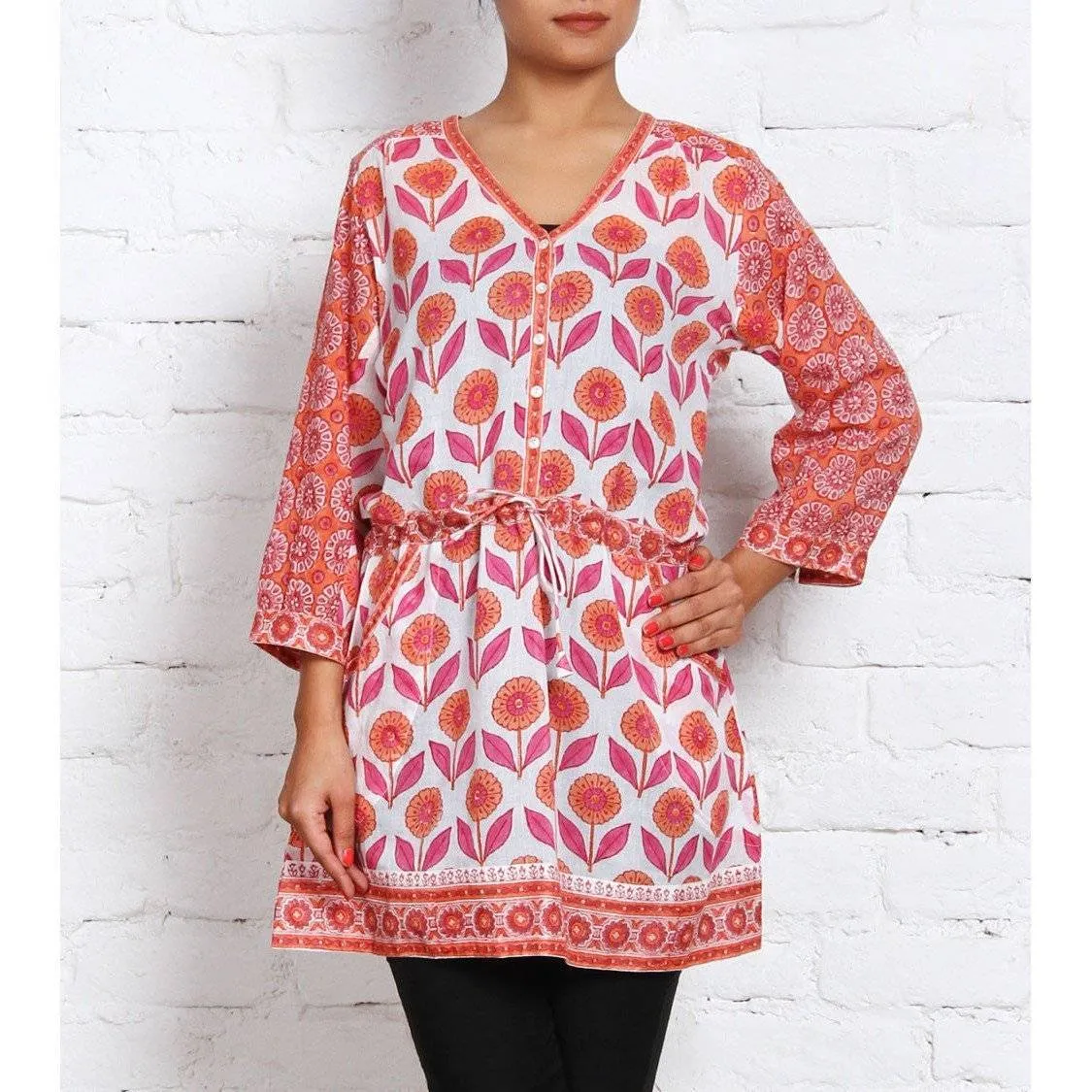 Orange & Pink Printed Cambric Kurti