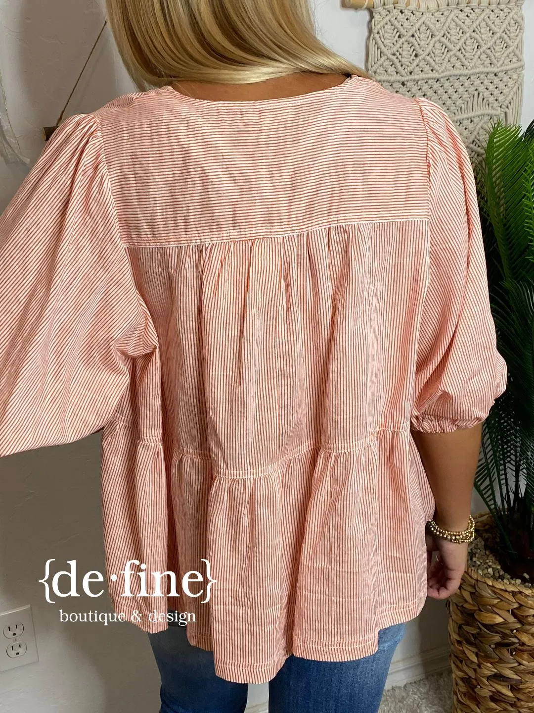 Orange and White Mini Striped V-Neck Blouse