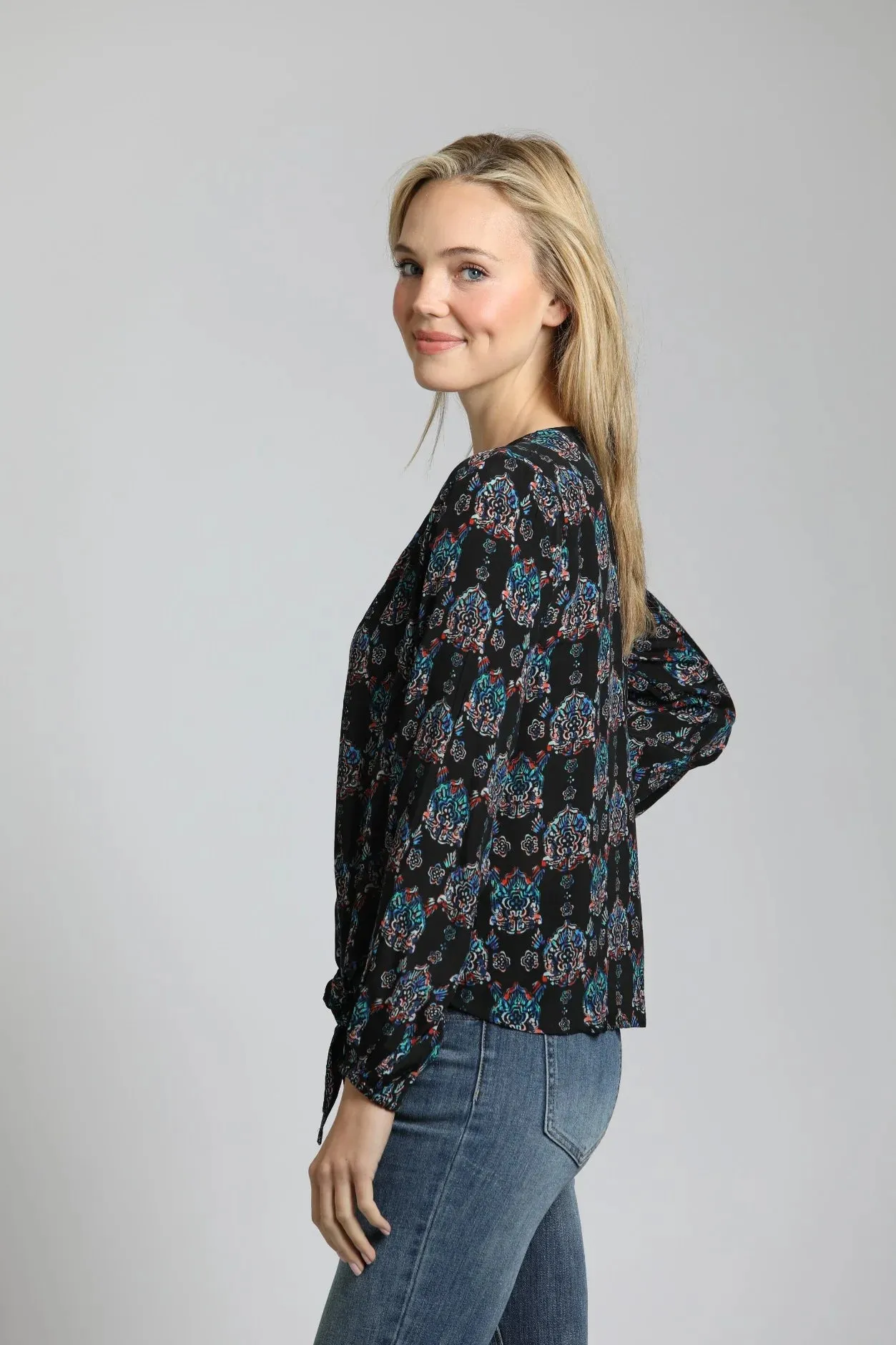 Ornamental Medallion Print - V Neck Tie Front Top