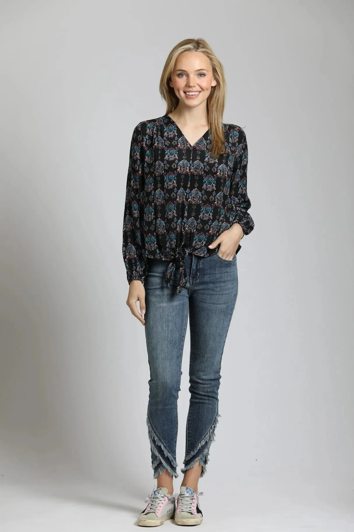 Ornamental Medallion Print - V Neck Tie Front Top