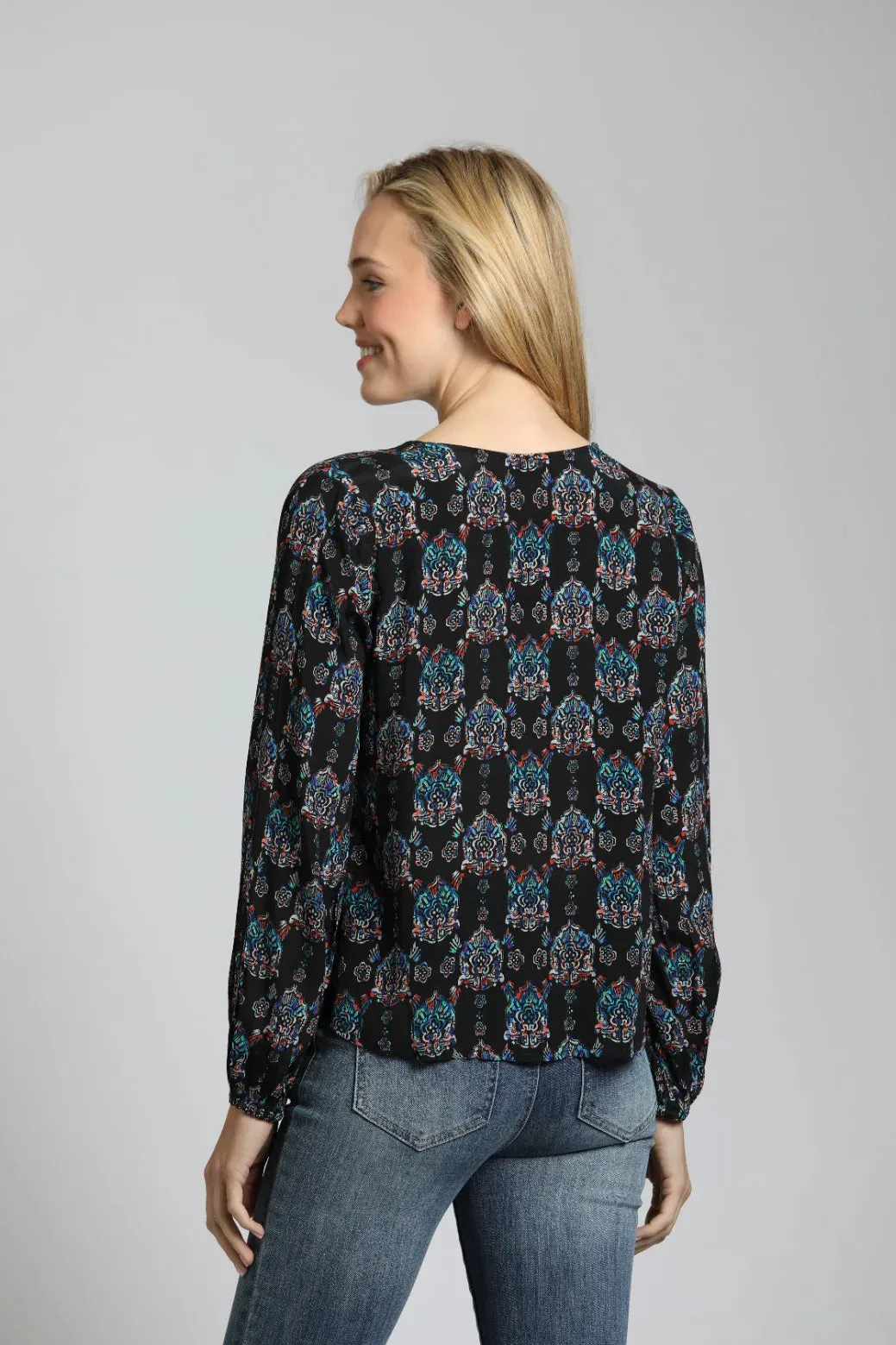 Ornamental Medallion Print - V Neck Tie Front Top
