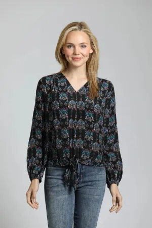 Ornamental Medallion Print - V Neck Tie Front Top