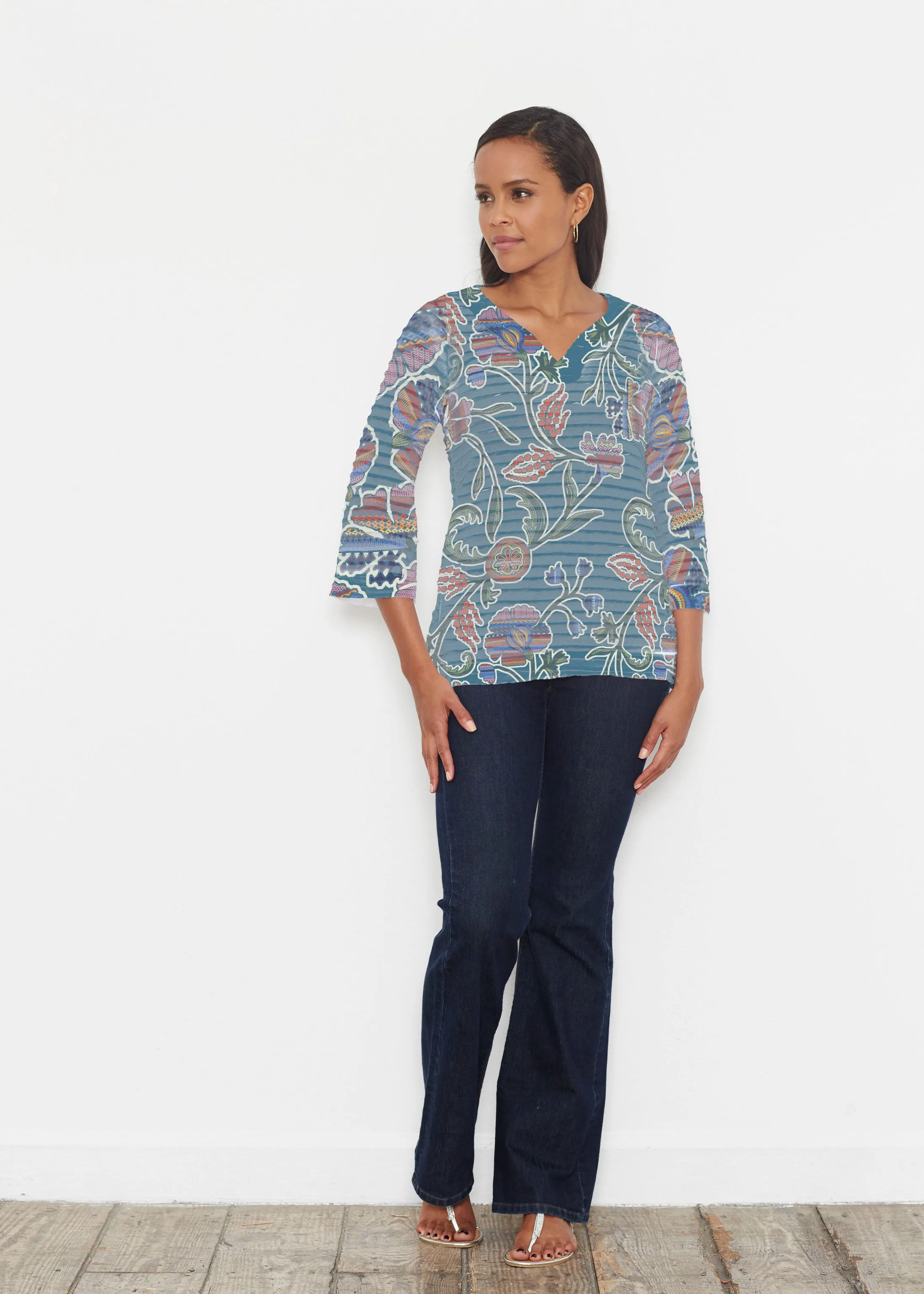 Patterns At Play Blue (7827) ~ Banded 3/4 Bell-Sleeve V-Neck Tunic