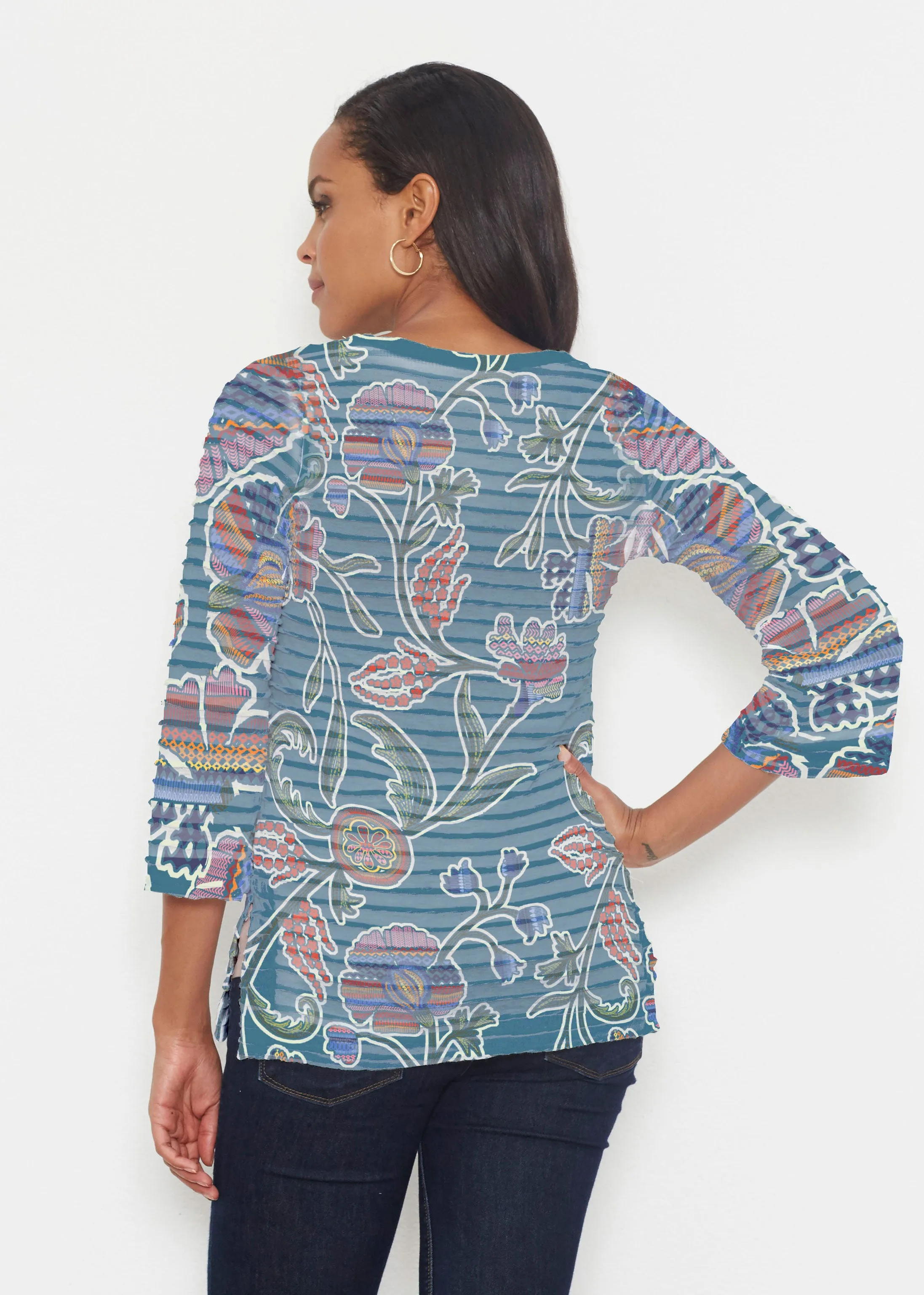 Patterns At Play Blue (7827) ~ Banded 3/4 Bell-Sleeve V-Neck Tunic