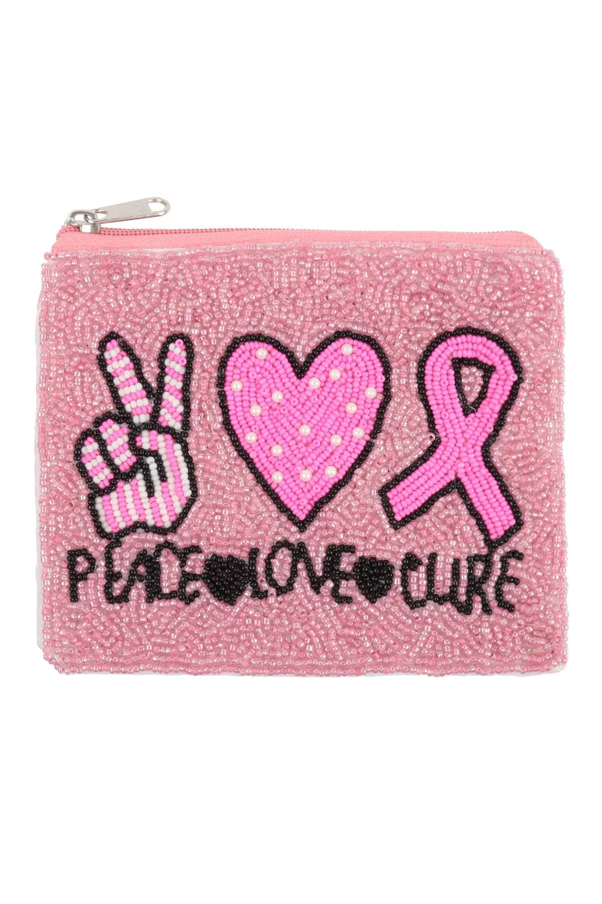 PEACE LOVE CURE PINK RIBBON AWARENESS SEED BEADS COIN POUCH