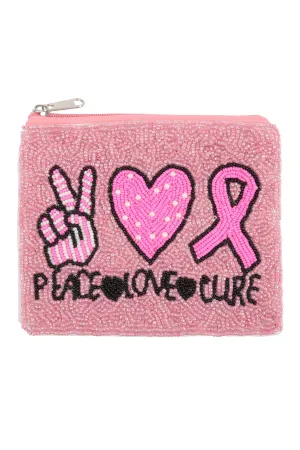 PEACE LOVE CURE PINK RIBBON AWARENESS SEED BEADS COIN POUCH