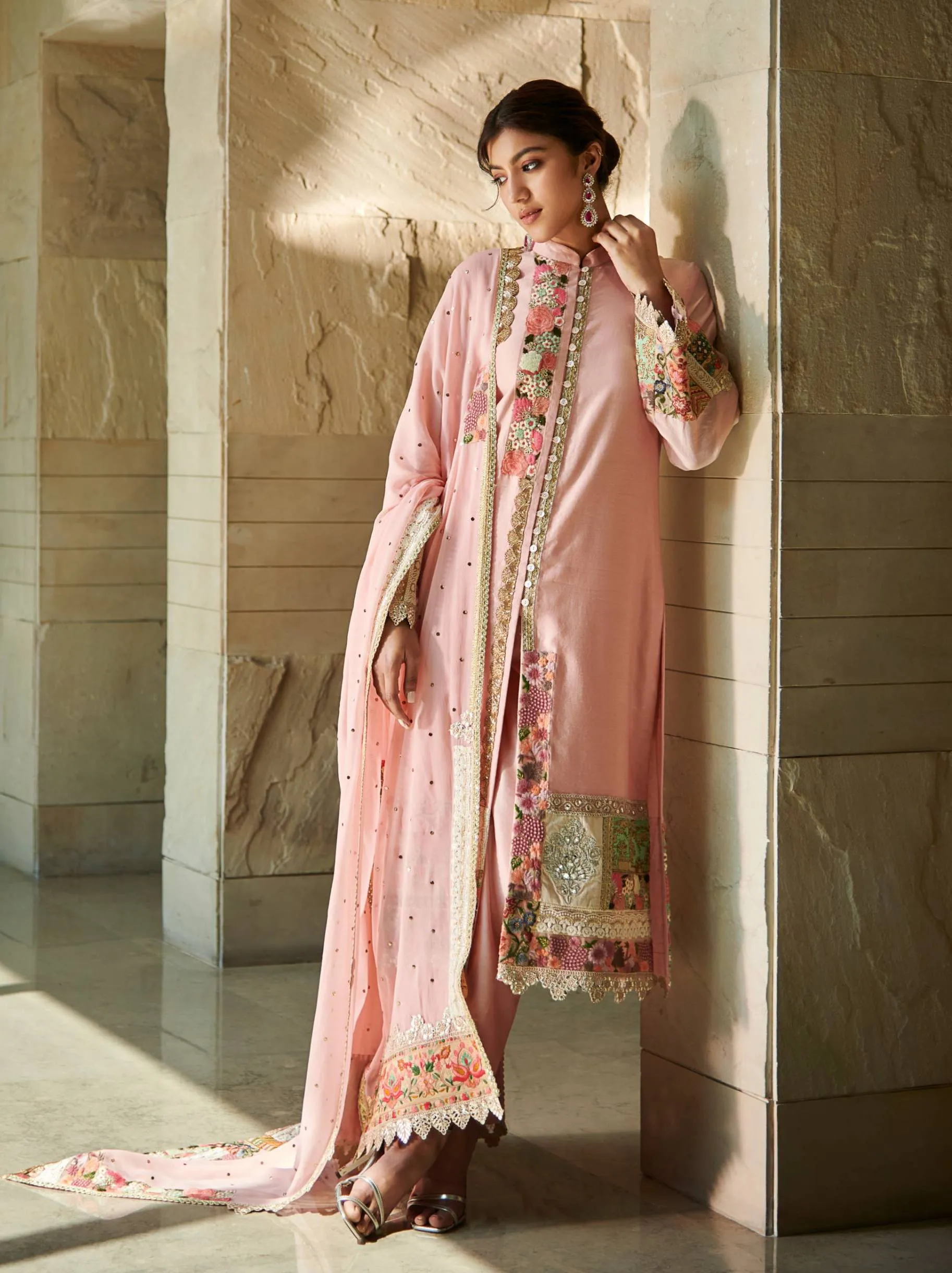 Peach chanderi patchwork kurta set