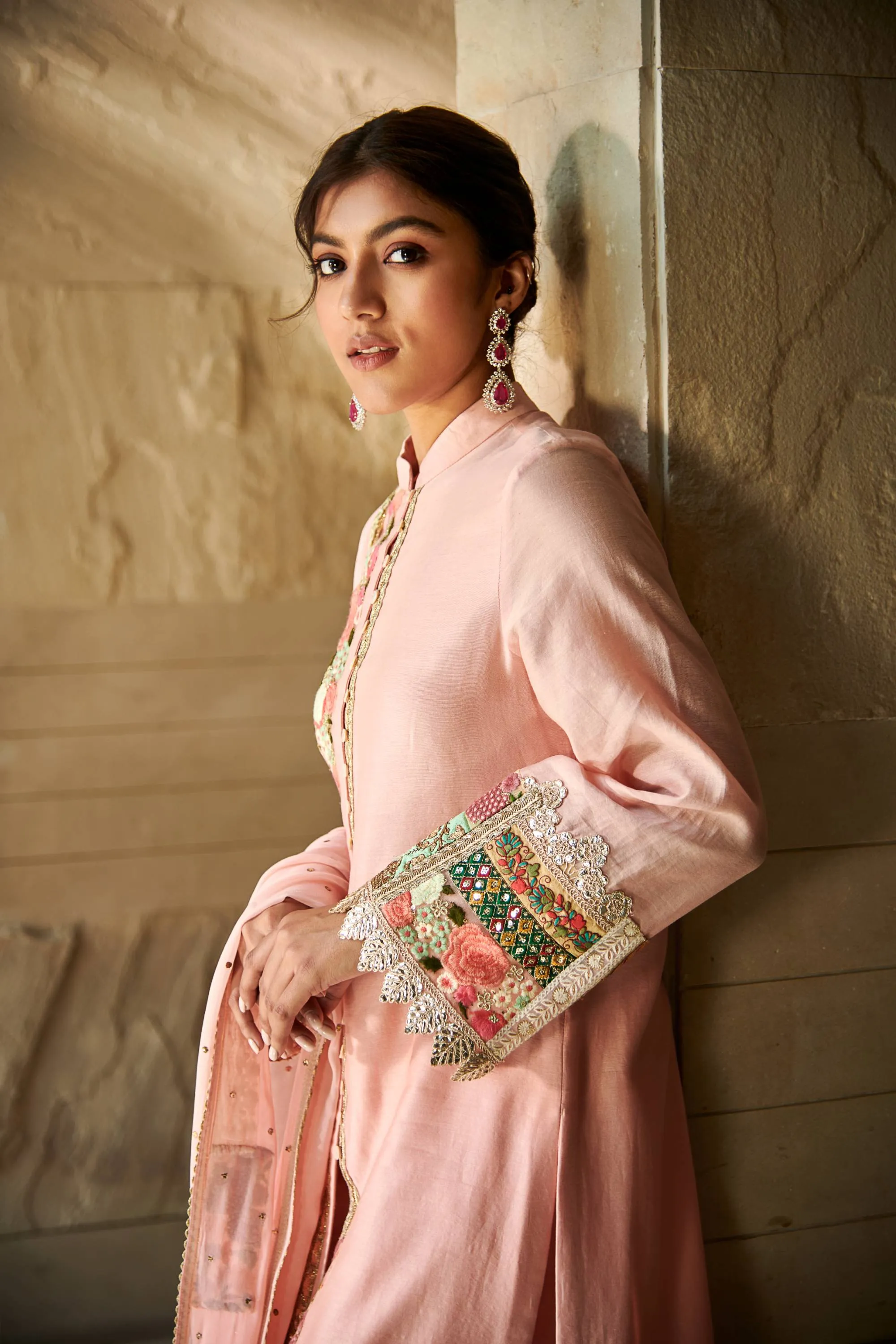 Peach chanderi patchwork kurta set