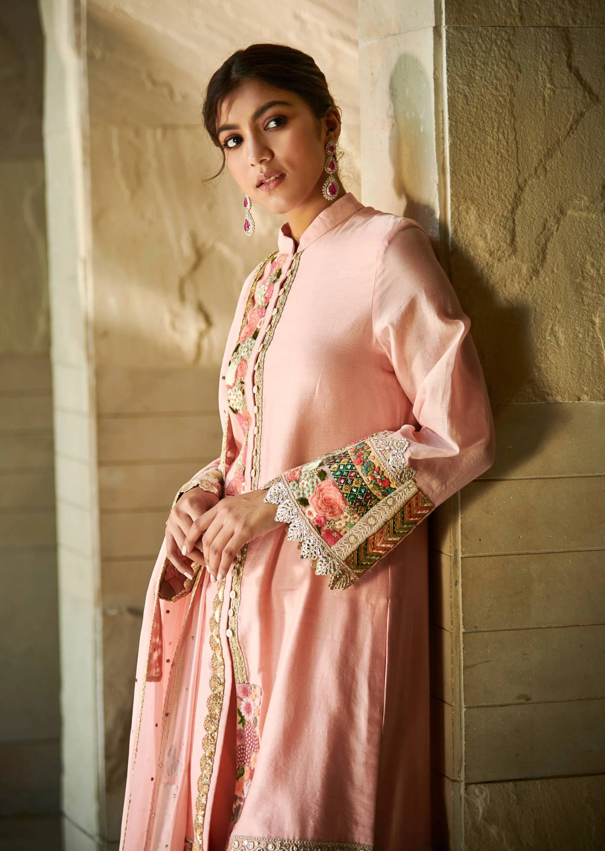 Peach chanderi patchwork kurta set