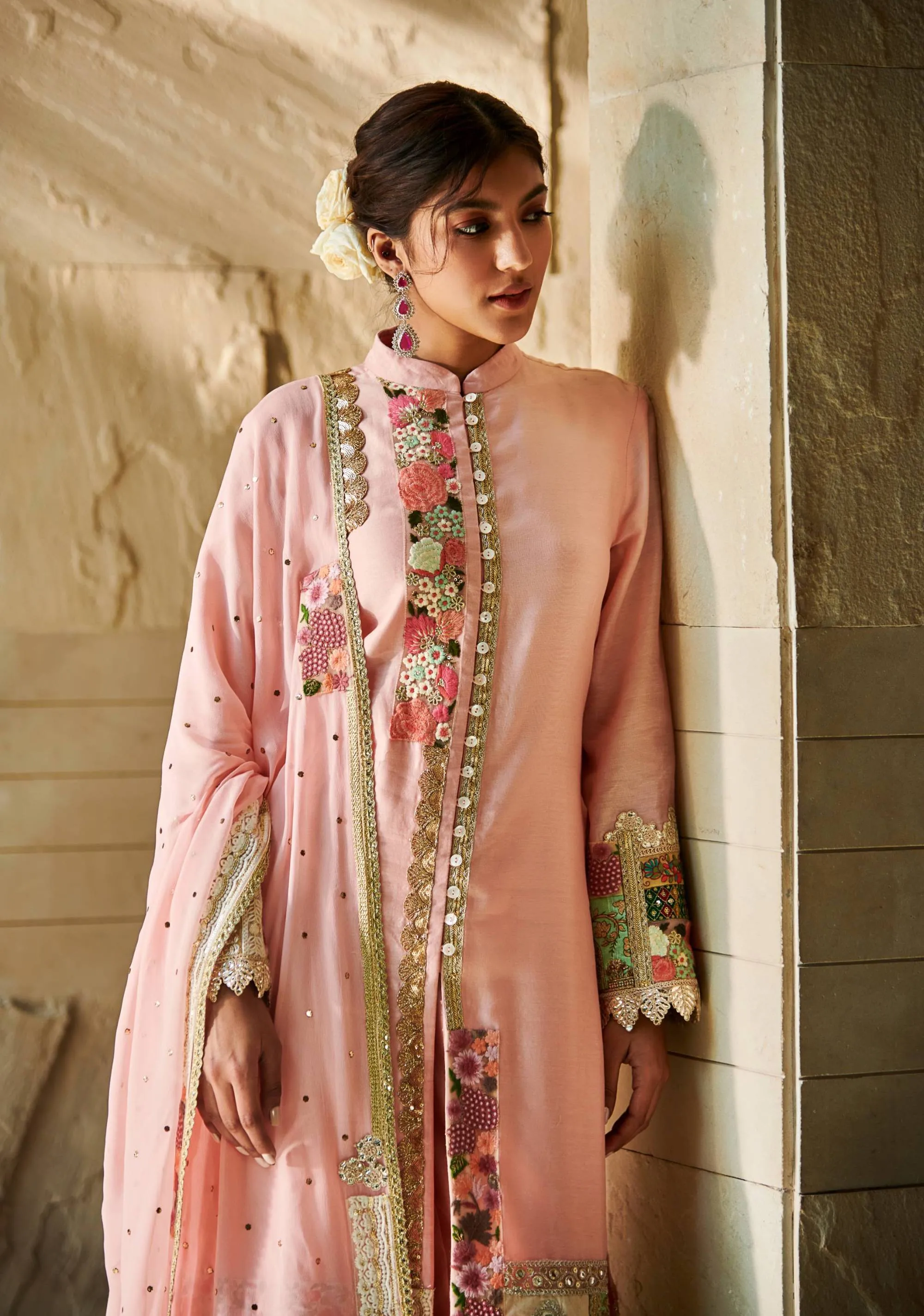 Peach chanderi patchwork kurta set