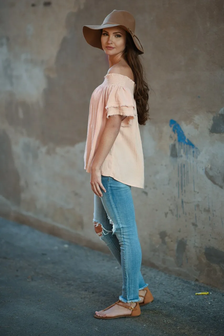 Peach Off The Shoulder Ruffle Top