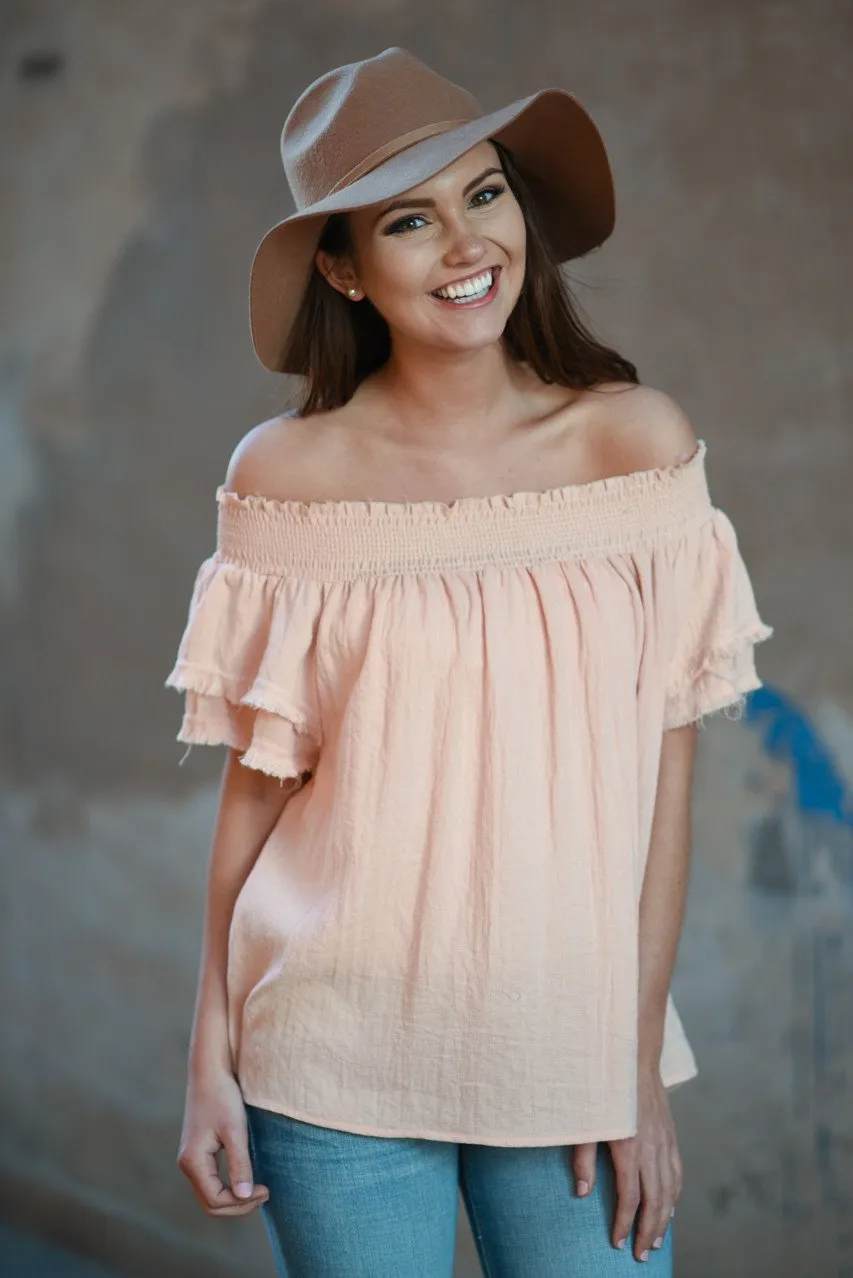 Peach Off The Shoulder Ruffle Top