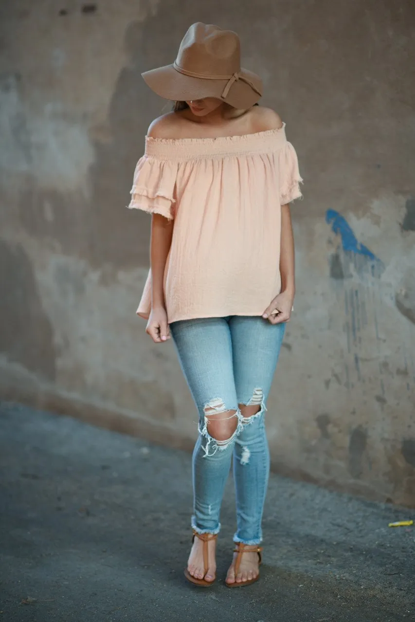 Peach Off The Shoulder Ruffle Top