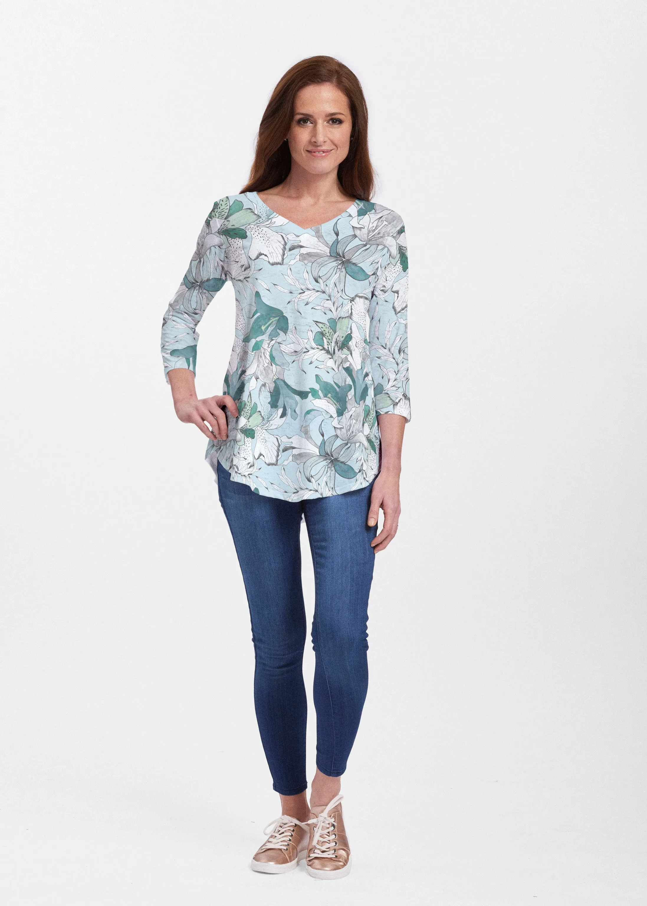 Pen and Ink Lily Seafoam (7621) ~ Signature V-neck Flowy Tunic