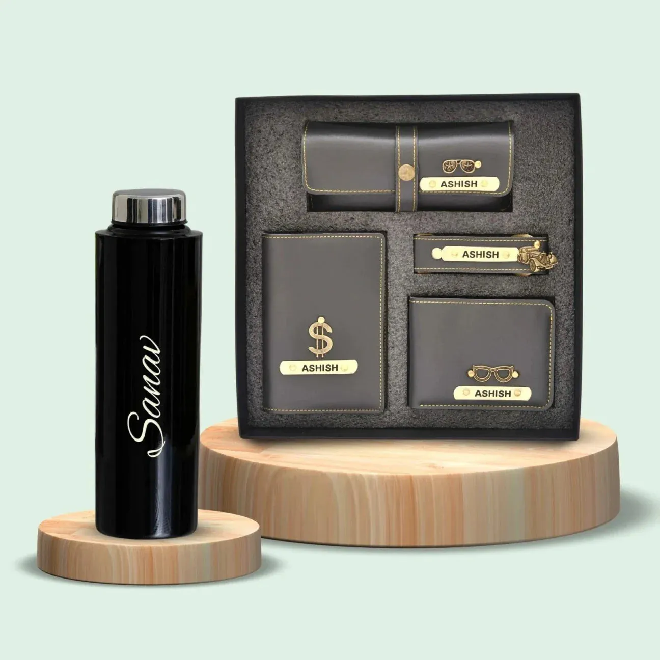 Personalised Black Classic Smart Bottle (1 Litre) & All in One Men's Combo (4 pcs)  - Grey