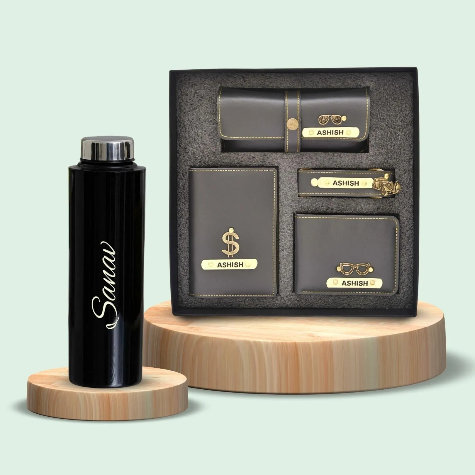 Personalised Black Classic Smart Bottle (1 Litre) & All in One Men's Combo (4 pcs)  - Grey