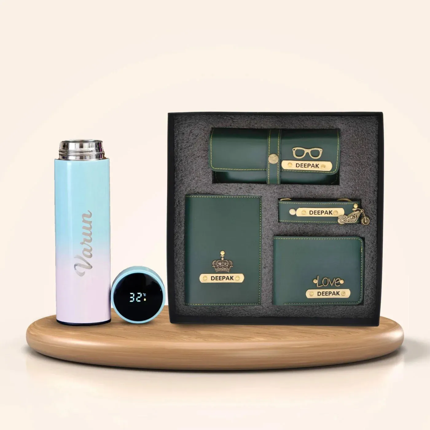 Personalised Pastel Temperature Display Bottle & All in One Men's Combo (4 pcs)  - Olive Green