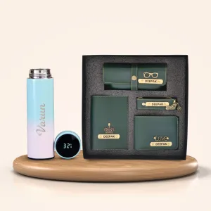Personalised Pastel Temperature Display Bottle & All in One Men's Combo (4 pcs)  - Olive Green