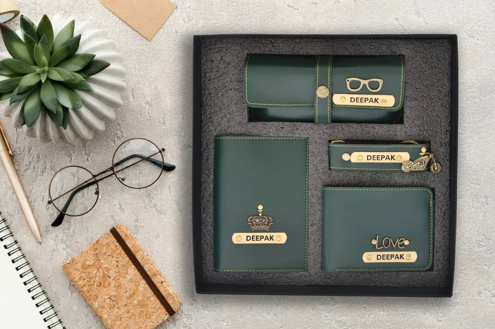 Personalised Pastel Temperature Display Bottle & All in One Men's Combo (4 pcs)  - Olive Green