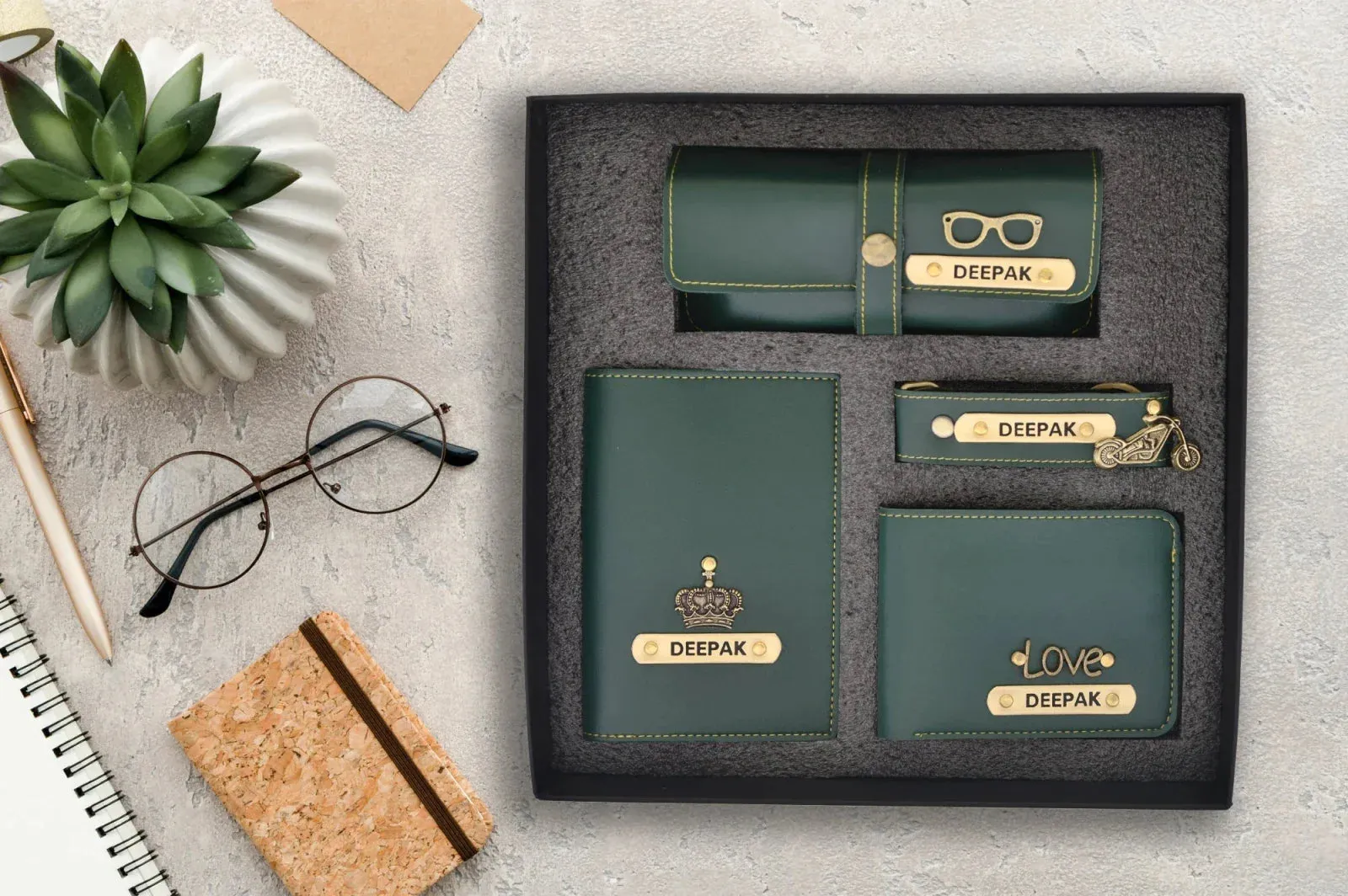 Personalised Pastel Temperature Display Bottle, Stainless Steel Mug & All in One Men's Combo (4 pcs) - Olive Green