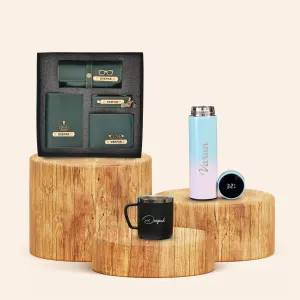 Personalised Pastel Temperature Display Bottle, Stainless Steel Mug & All in One Men's Combo (4 pcs) - Olive Green