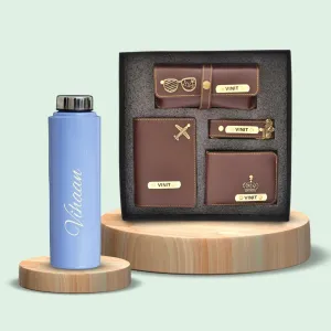 Personalised Violet Classic Smart Bottle (1 Litre) & All in One Men's Combo (4 pcs) - Brown