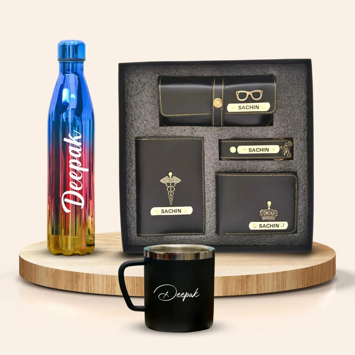 Personalized All in One Men's Combo (4 pcs) & Customized Rainbow Stainless Steel Water Bottles & Stainless Steel Mug - Black