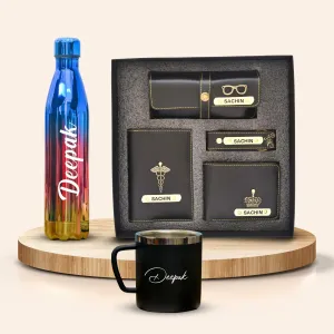 Personalized All in One Men's Combo (4 pcs) & Customized Rainbow Stainless Steel Water Bottles & Stainless Steel Mug - Black