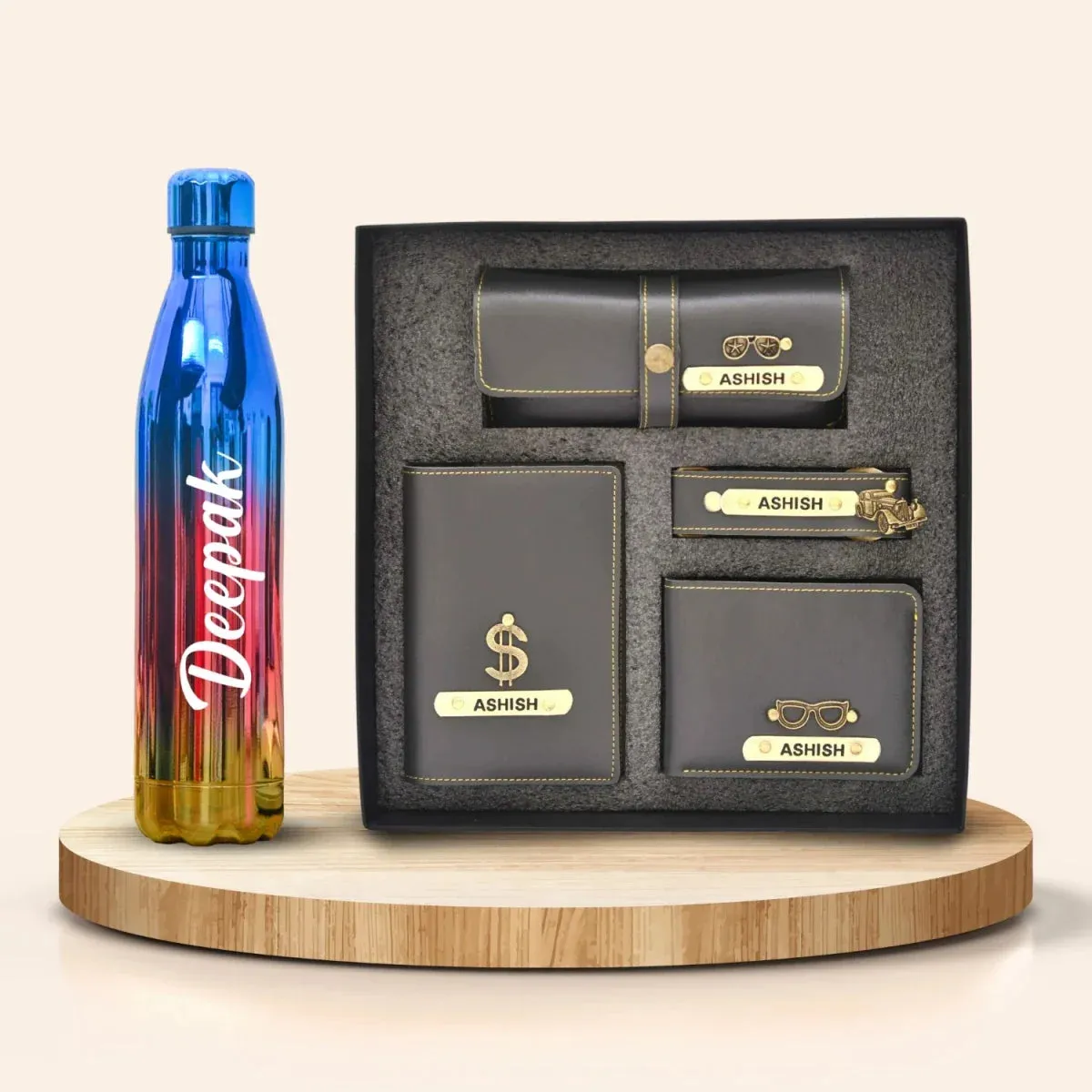 Personalized All in One Men's Combo (4 pcs) & Customized Rainbow Stainless Steel Water Bottles - Grey