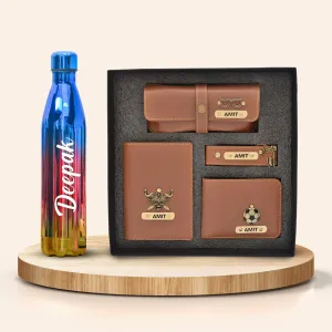 Personalized All in One Men's Combo (4 pcs) & Customized Rainbow Stainless Steel Water Bottles - Tan