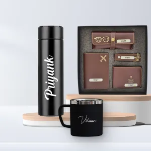 Personalized Stainless Steel Mug, Temperature Bottle & All in One Men's Combo (4 pcs) - Brown