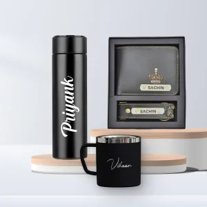 Personalized Temperature Bottle, Stainless Steel Mug & Men's Combo (2 pcs) - Black