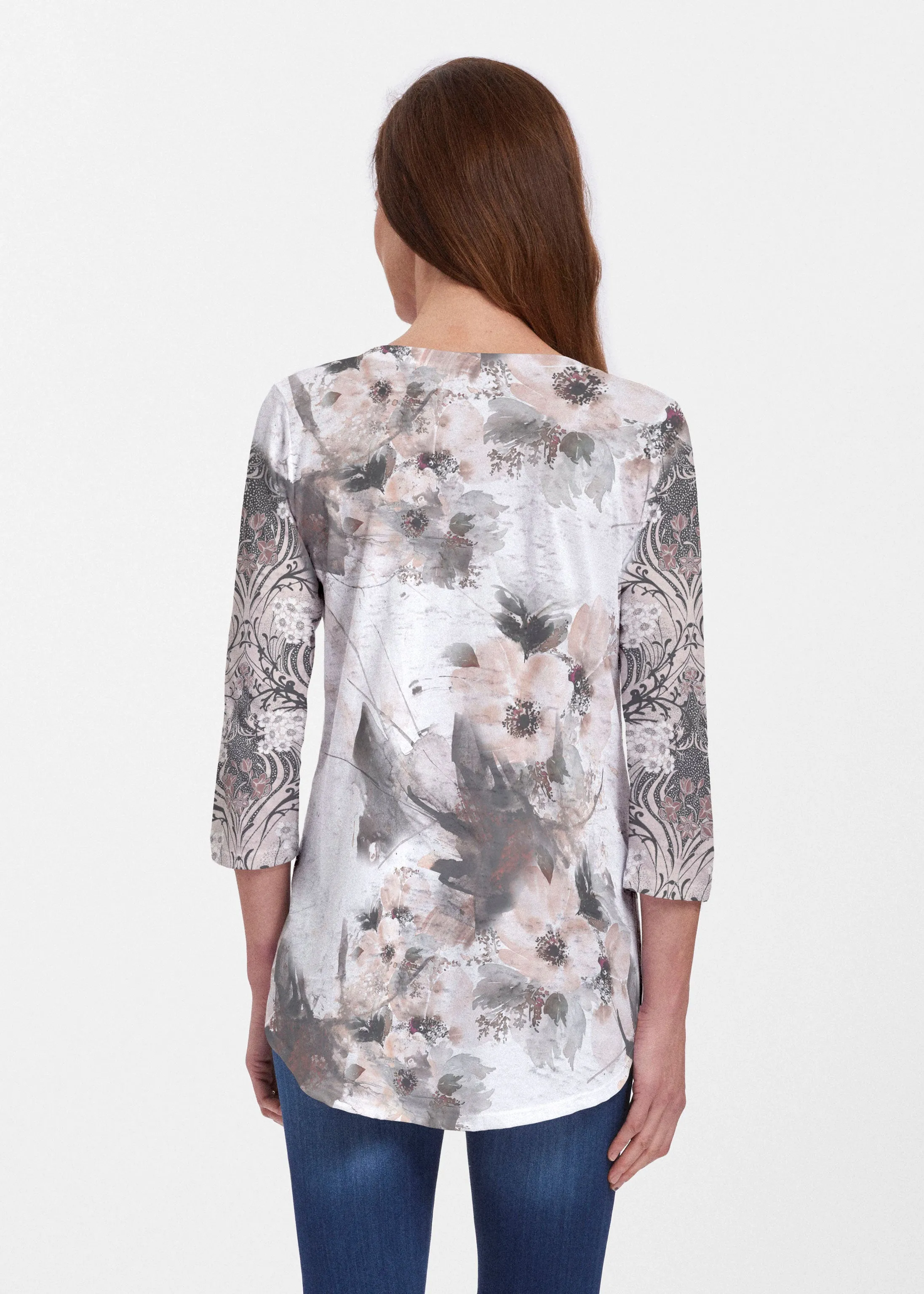 Petal Bliss White (7665) ~ Signature V-neck Flowy Tunic