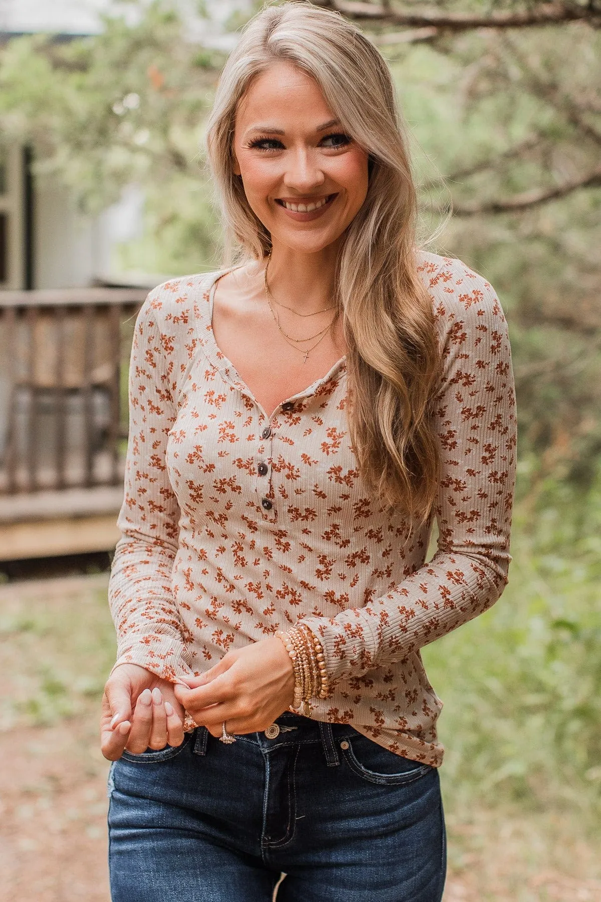Piercing Beauty Floral Henley Top- Cream