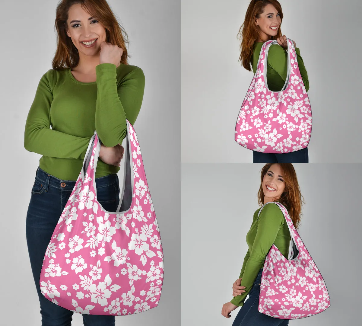 Pink and White Hibiscus Hawaiian Pattern Reusable Grocery Shopping Bags Totes