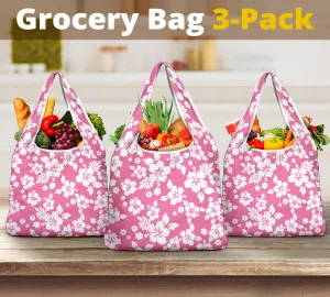 Pink and White Hibiscus Hawaiian Pattern Reusable Grocery Shopping Bags Totes