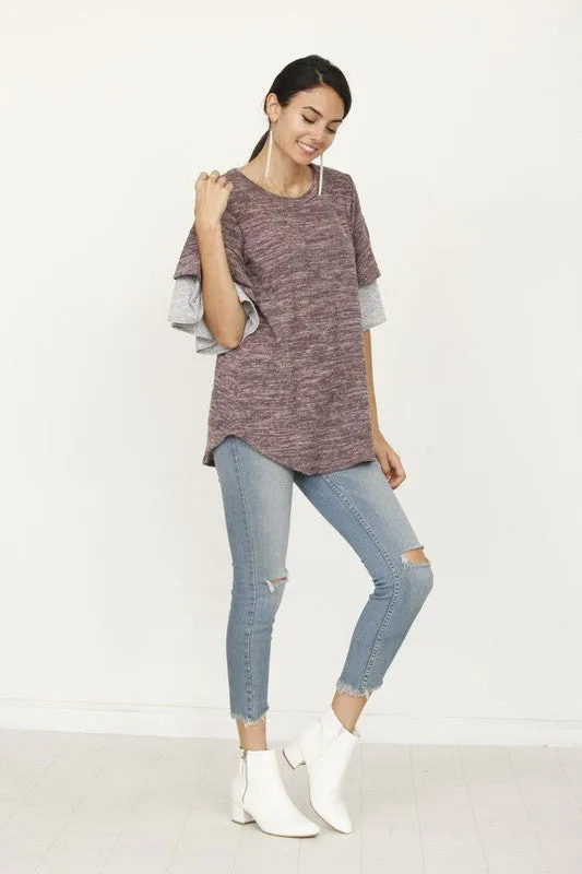 Pink Color Block Sleeve Ruffle Knit Top