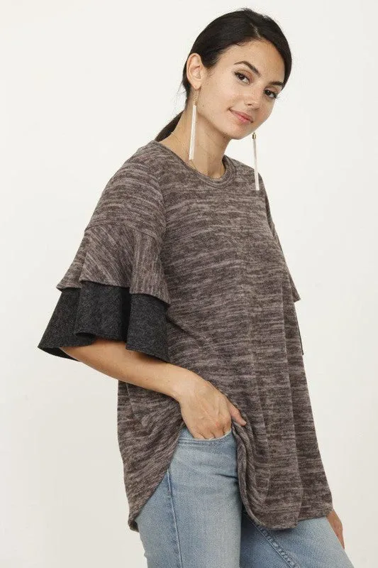 Pink Color Block Sleeve Ruffle Knit Top