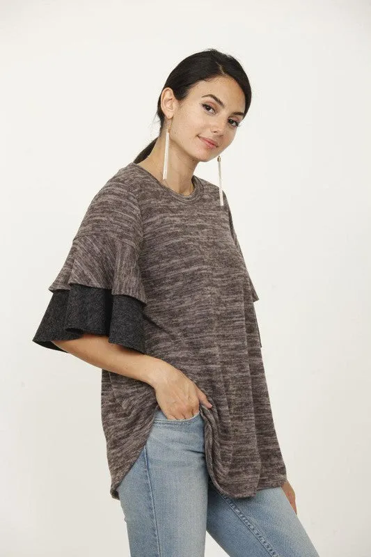 Pink Color Block Sleeve Ruffle Knit Top