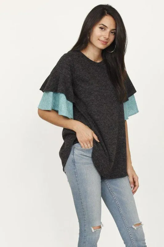 Pink Color Block Sleeve Ruffle Knit Top