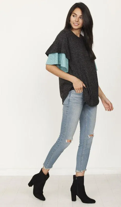 Pink Color Block Sleeve Ruffle Knit Top