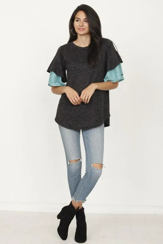 Pink Color Block Sleeve Ruffle Knit Top