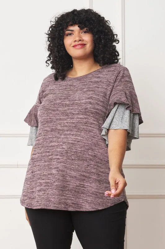 Pink Color Block Sleeve Ruffle Knit Top