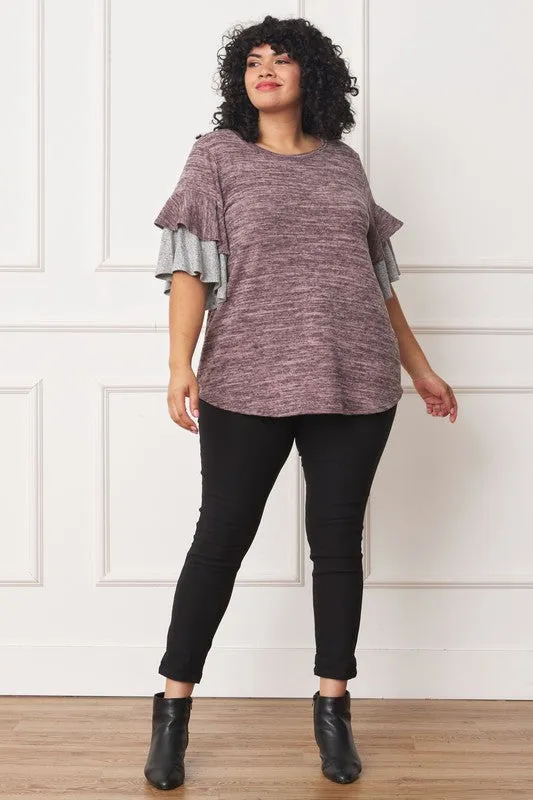 Pink Color Block Sleeve Ruffle Knit Top
