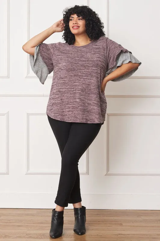 Pink Color Block Sleeve Ruffle Knit Top